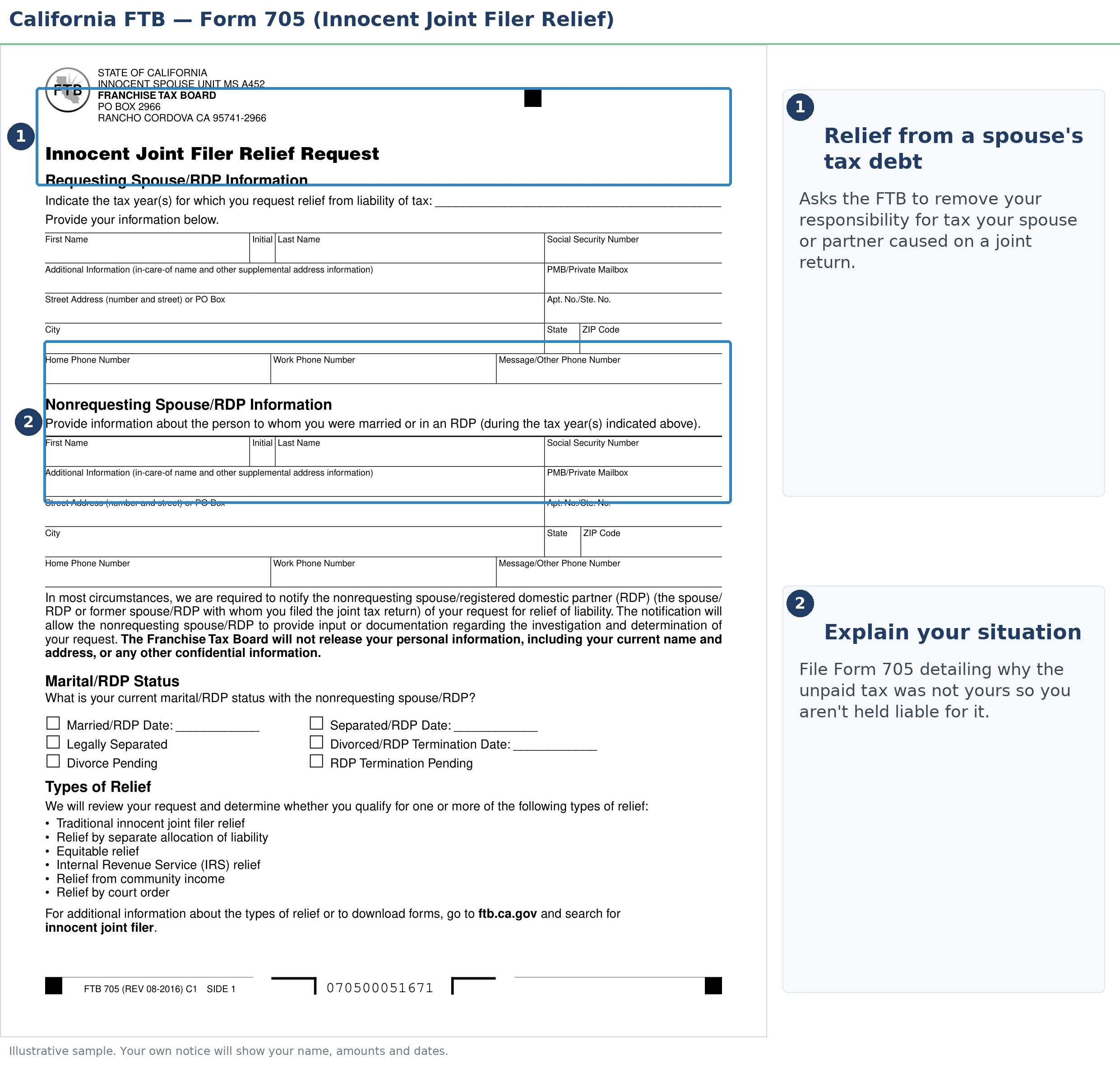 An annotated sample document for FTB Innocent Spouse Relief, with the key parts highlighted.