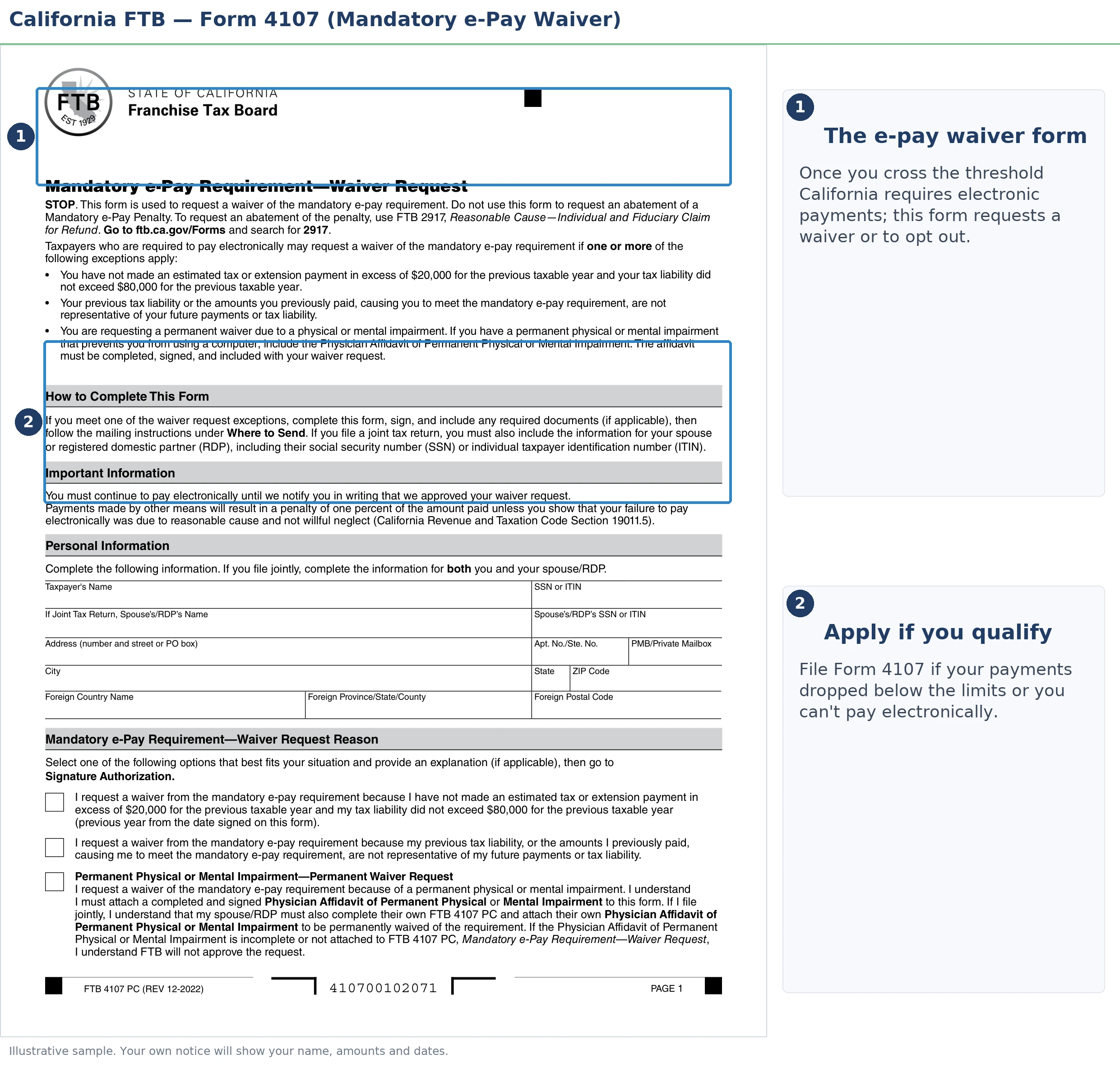 An annotated sample document for FTB Mandatory e-Pay in 2026, with the key parts highlighted.