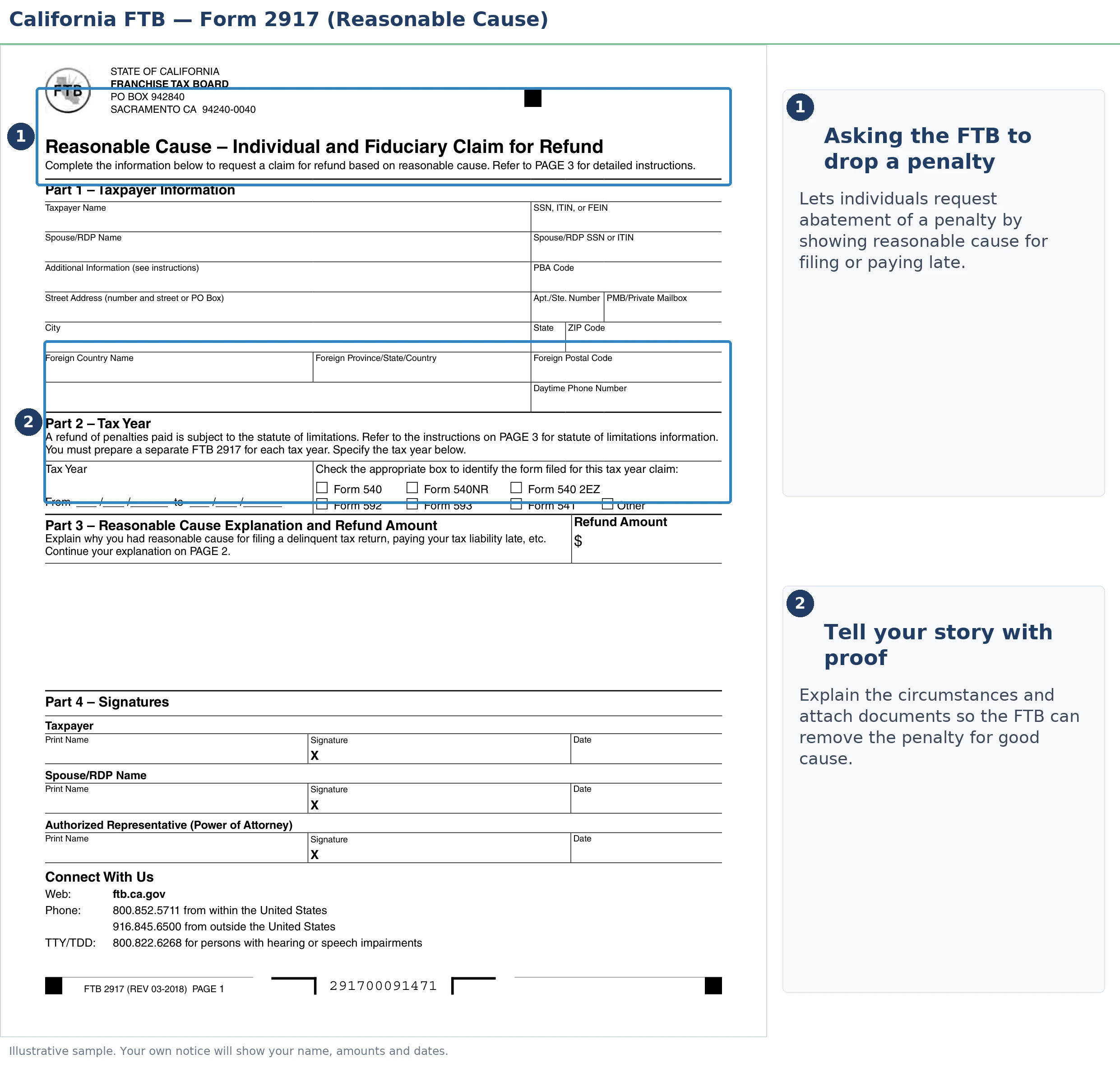An annotated sample document for FTB Penalty Abatement in 2026, with the key parts highlighted.