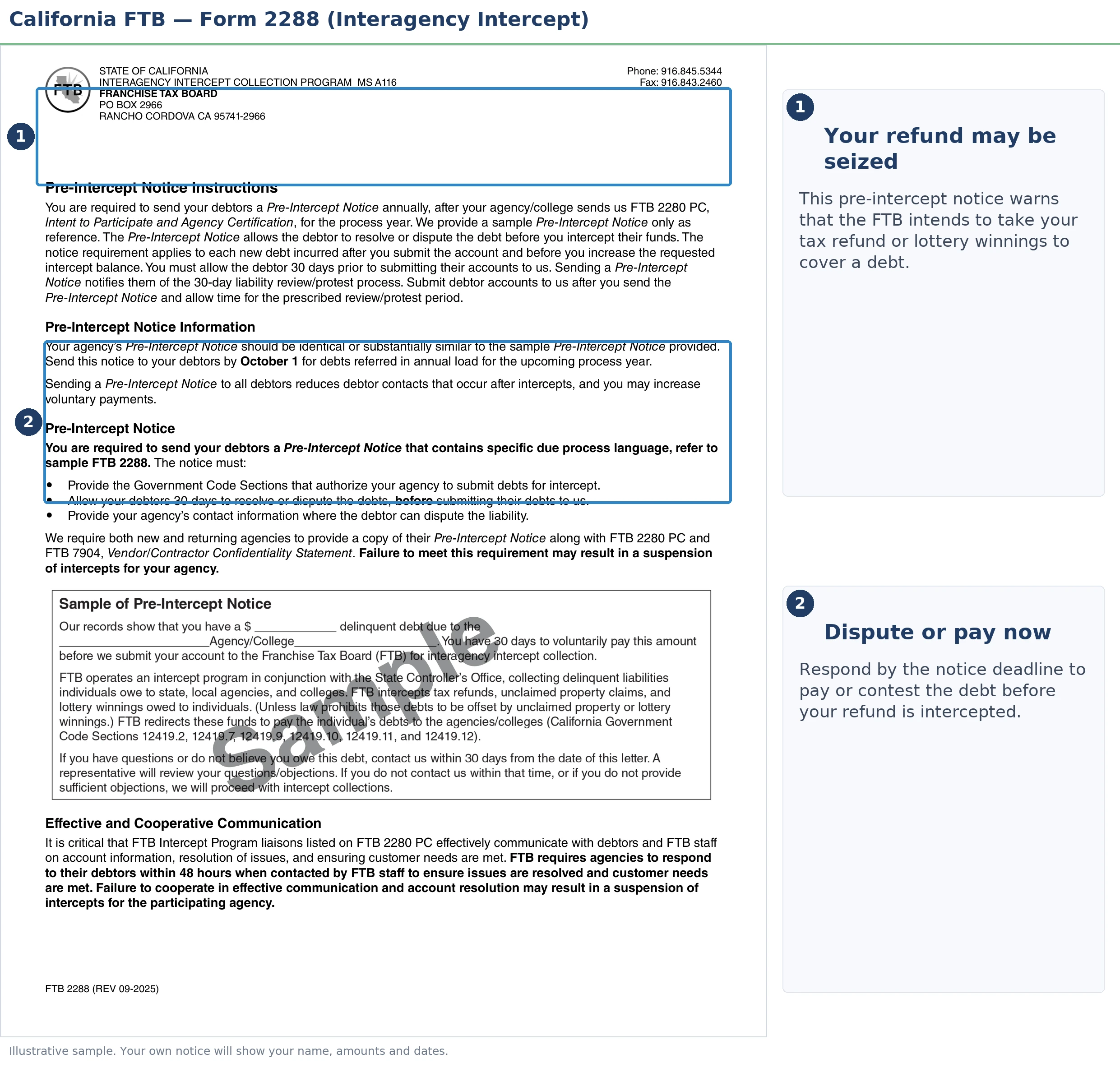 An annotated sample document for FTB Refund Intercept, with the key parts highlighted.