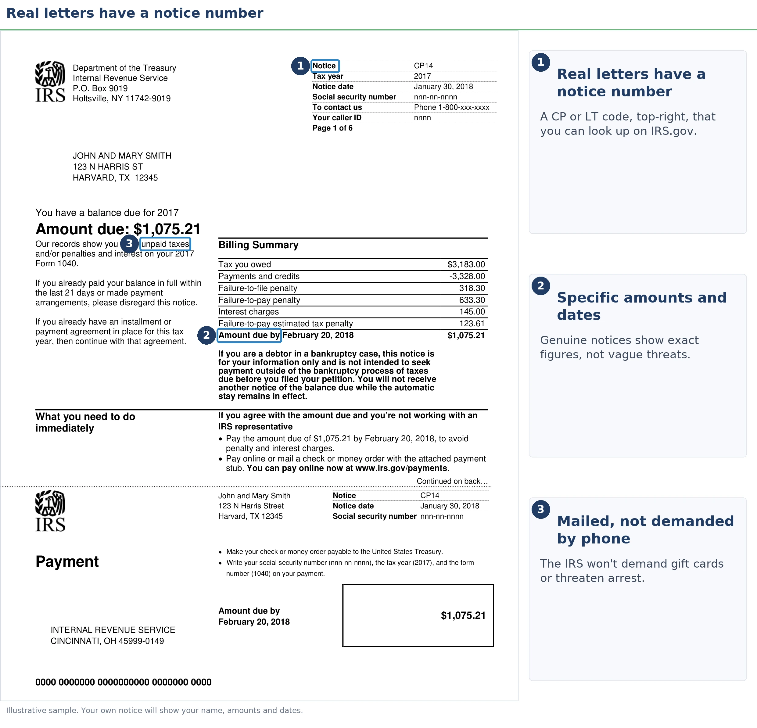 An annotated sample document for How to Tell If an IRS Letter Is Real in 2026, with the key parts highlighted.