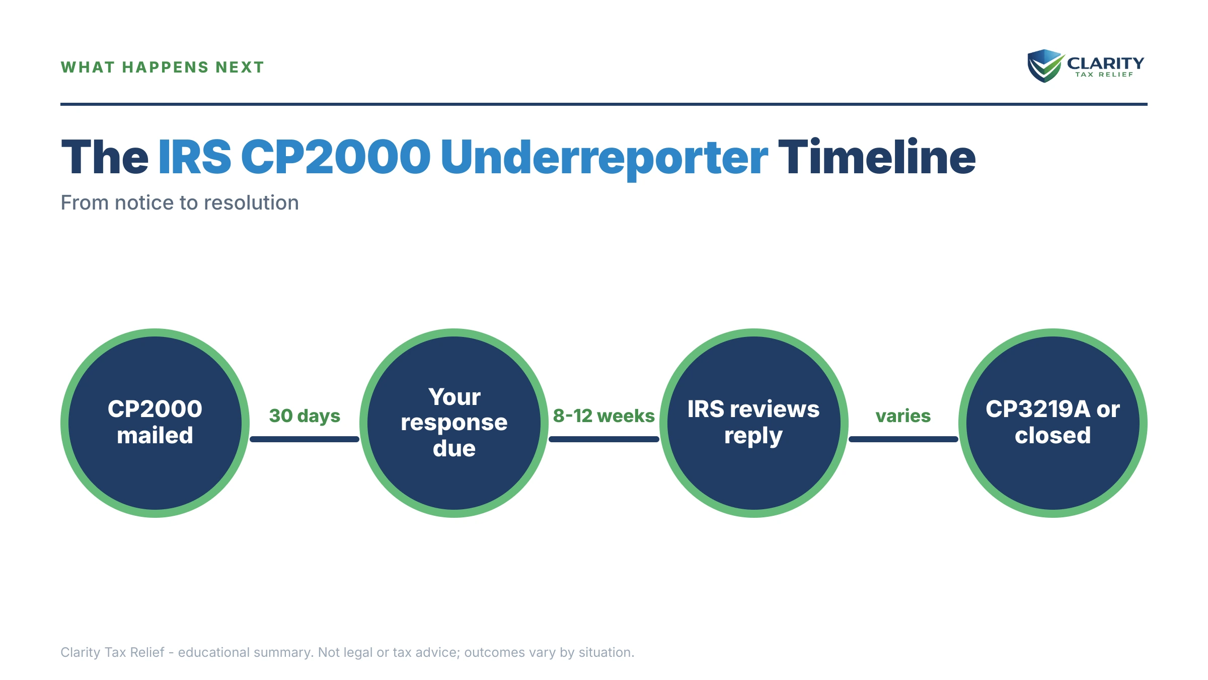 Infographic: timelines, costs and options for IRS CP2000 Underreporter Statistics.