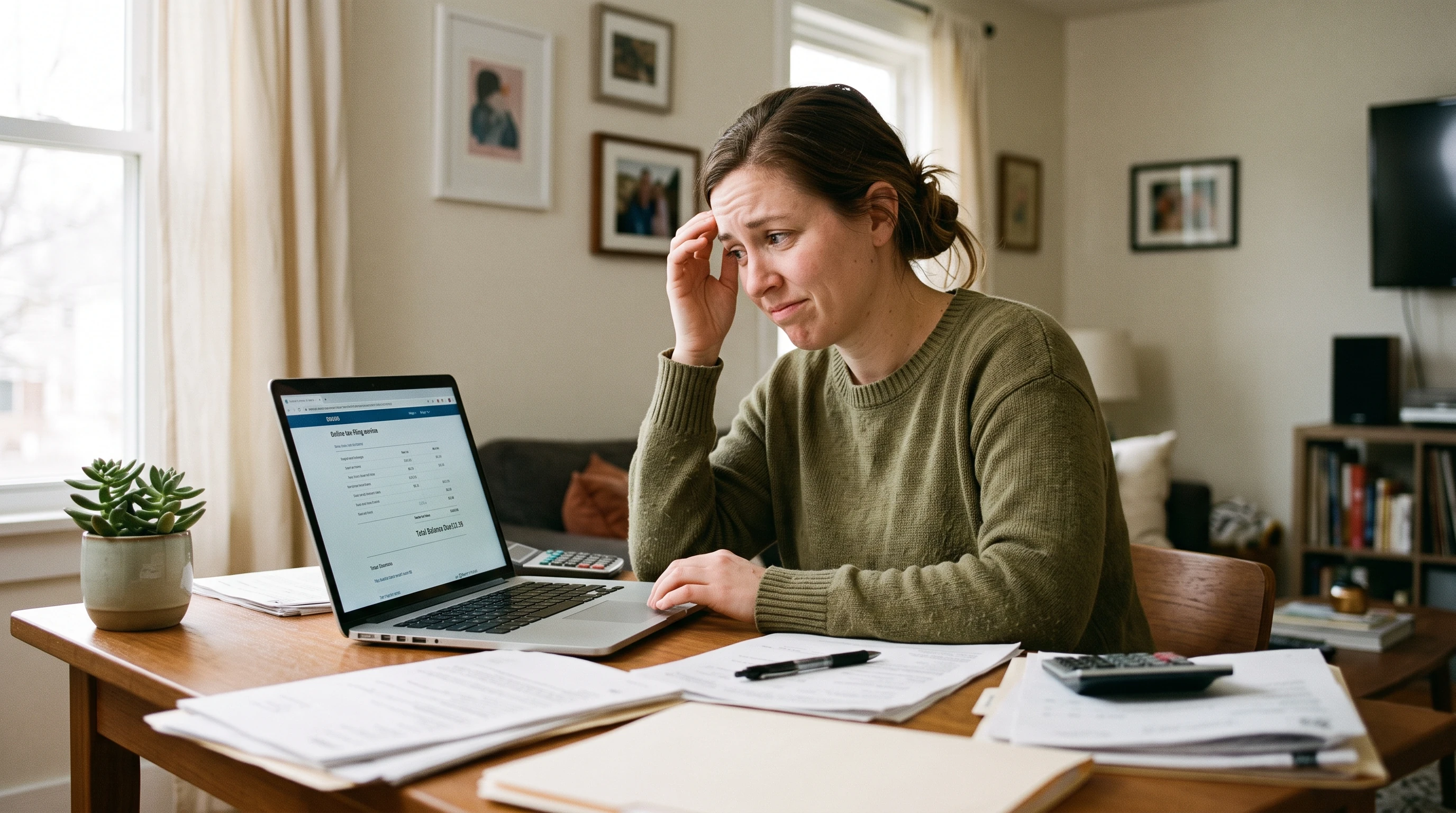 A person at home reviewing paperwork about IRS Direct File Shows a Balance Due.