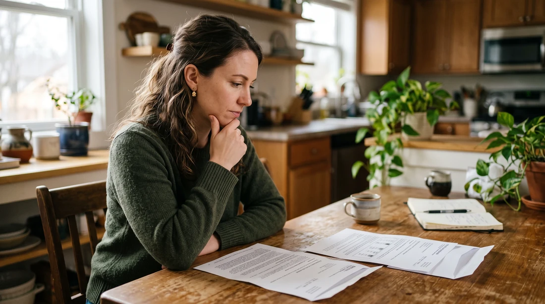 A person at home reviewing paperwork about IRS Failure to File vs Failure to Pay Penalties.