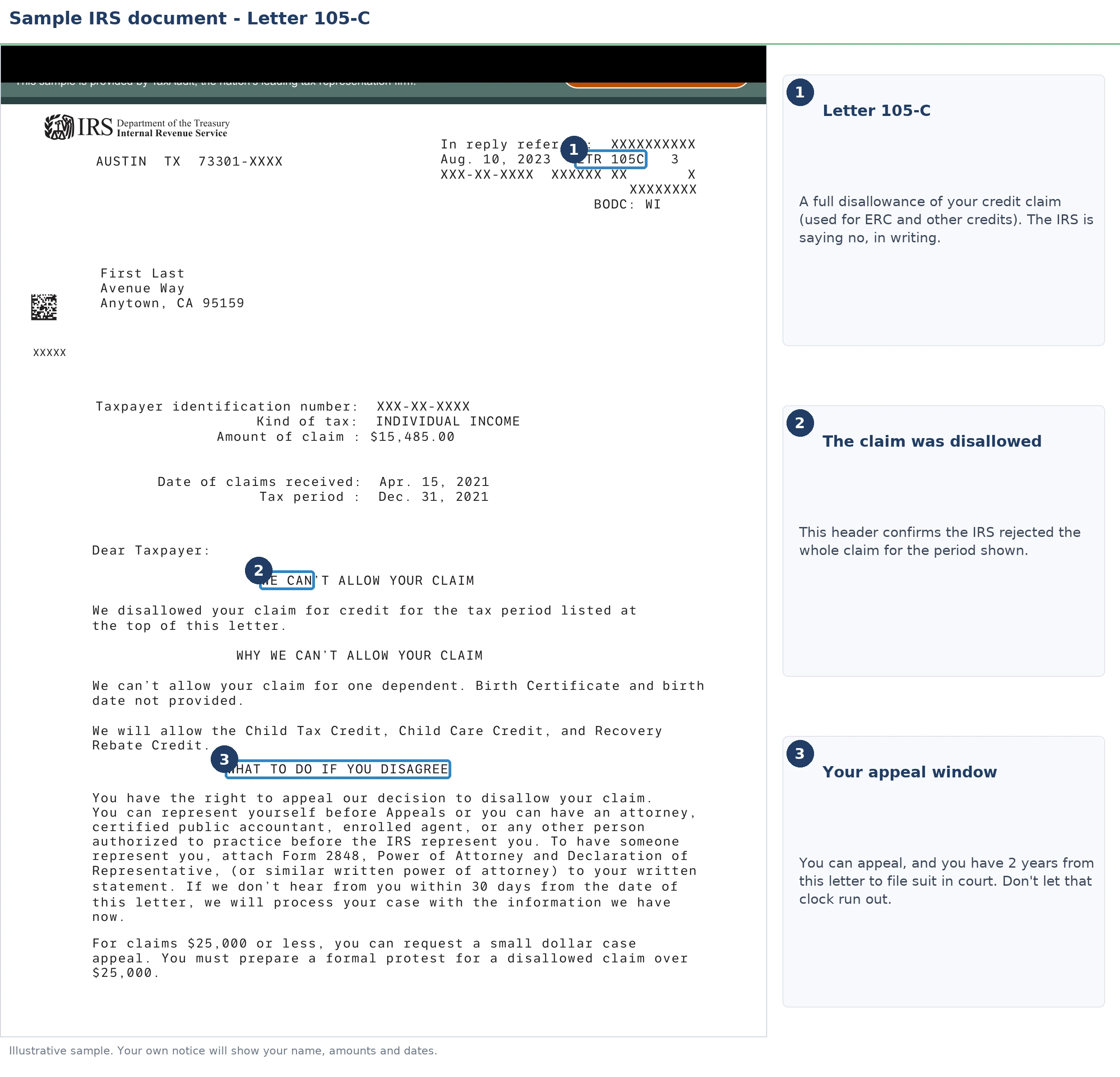 An annotated sample document for IRS Letter 105-C, with the key parts highlighted.
