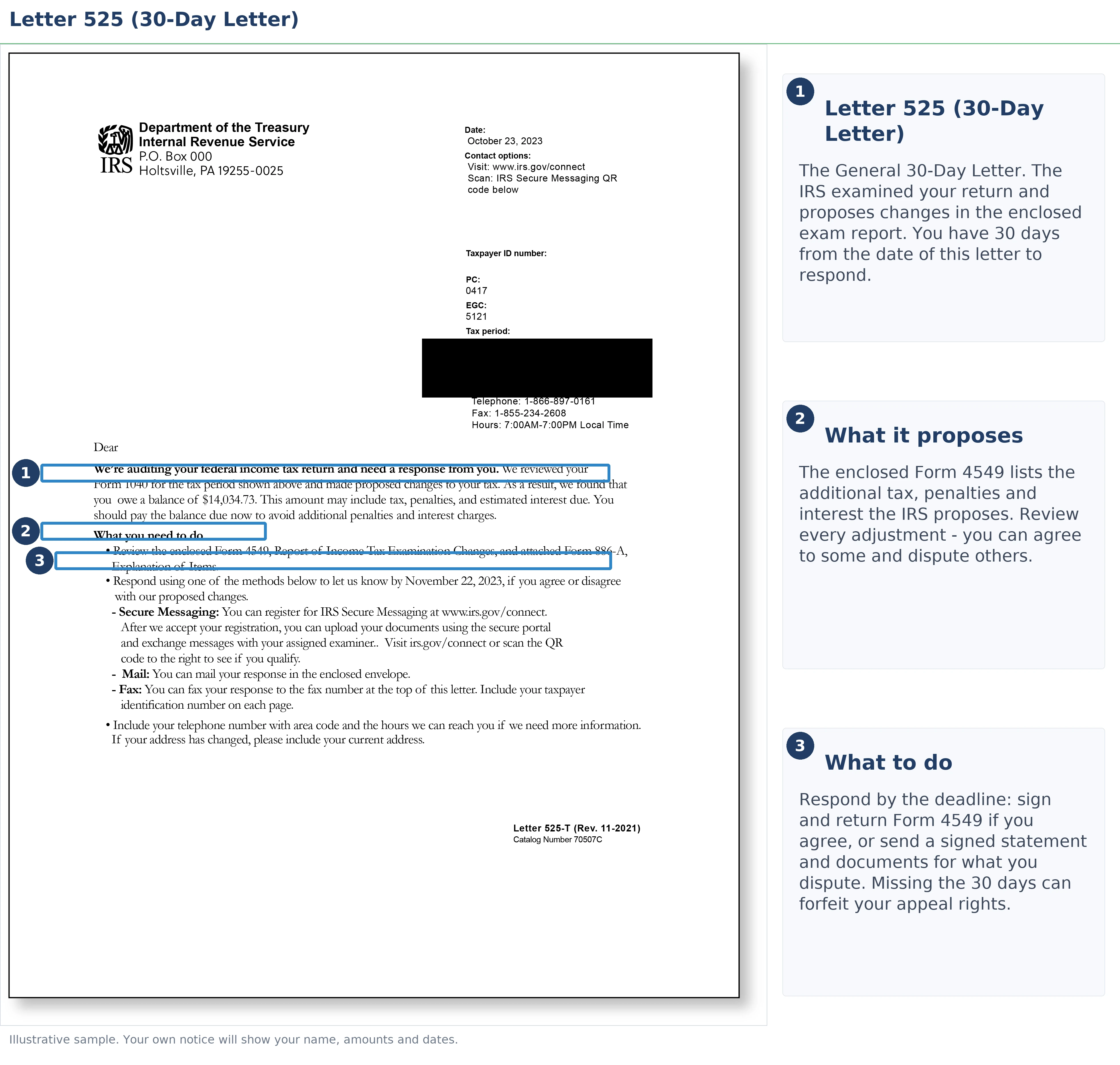 An exact sample of the IRS Letter 525 with the key parts highlighted.
