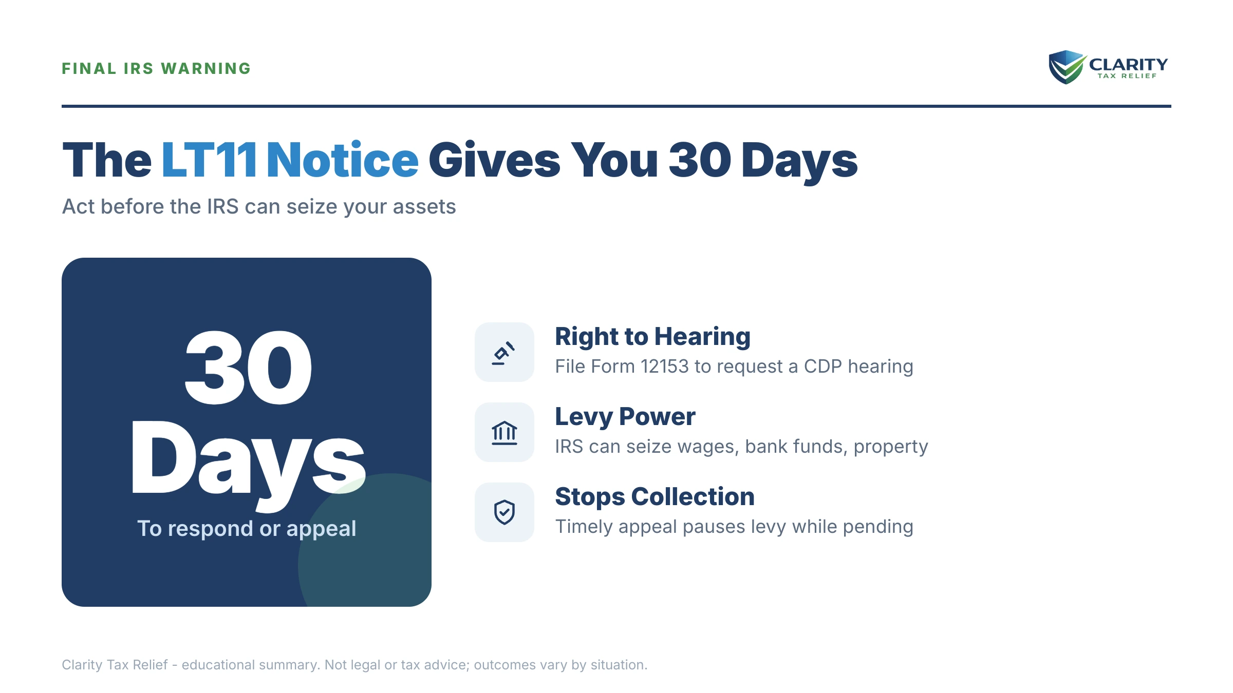 Infographic: key facts and deadlines for the IRS LT11 notice.