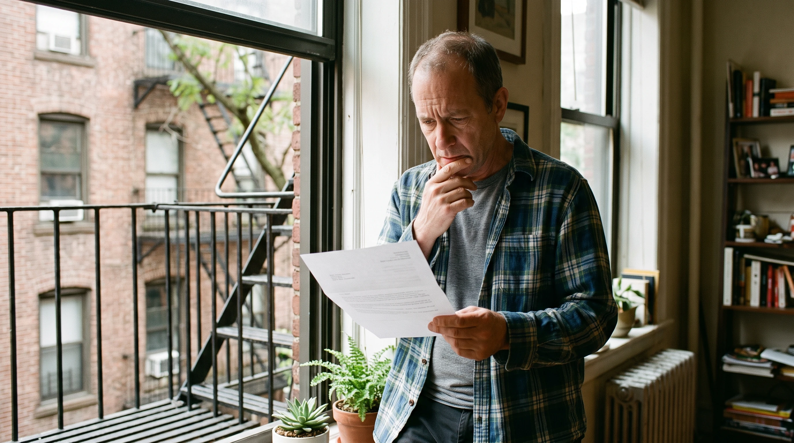 A person at home reviewing paperwork about New York State Back Taxes Help.
