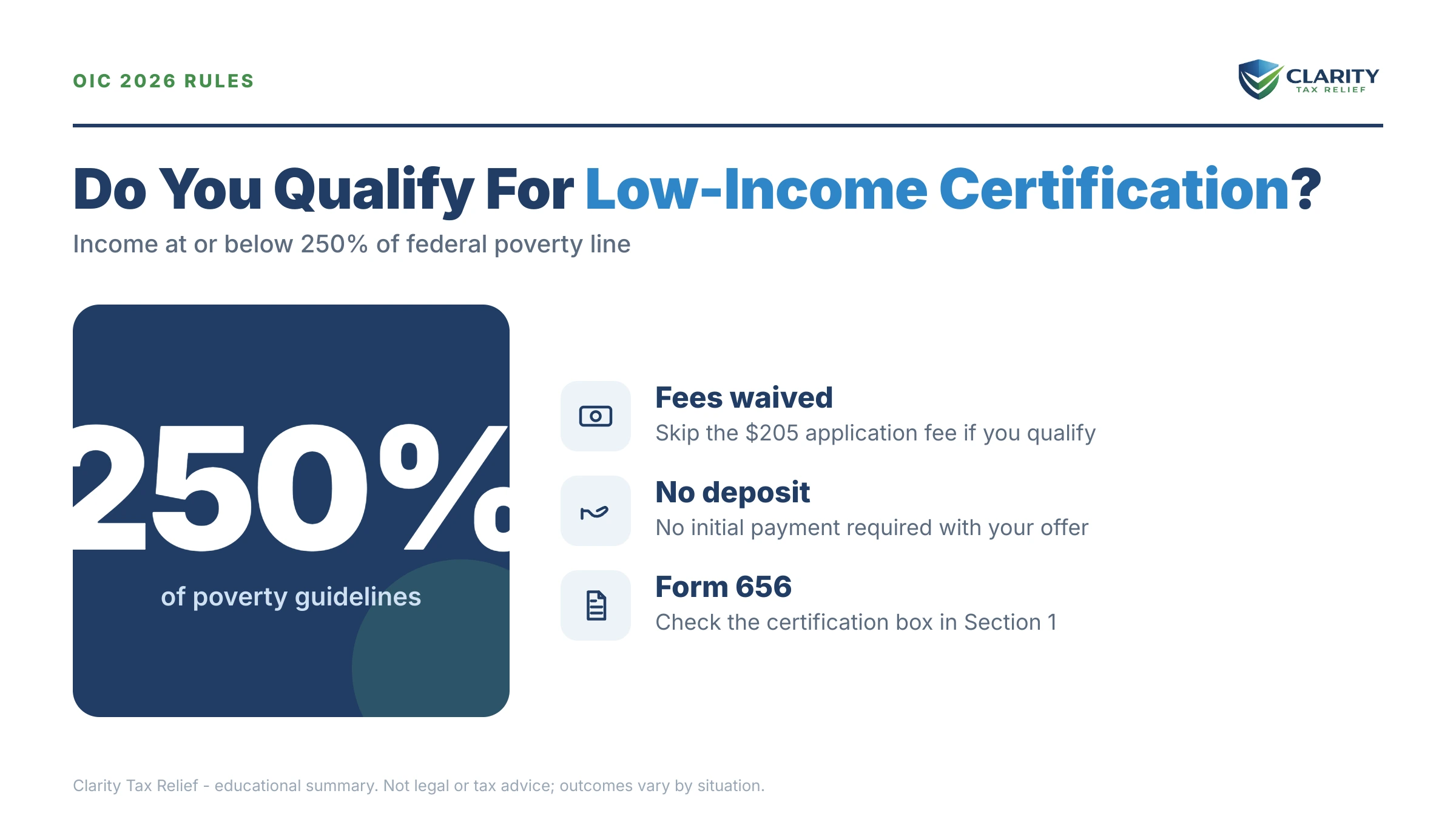 Infographic: key facts and deadlines about OIC Low-Income Certification.