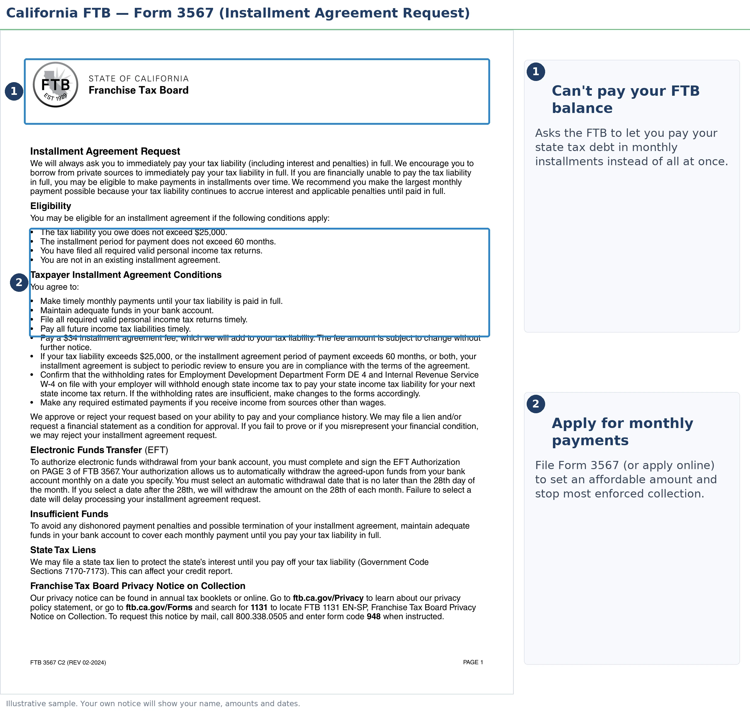 An annotated sample document for Owe California State Taxes and Can't Pay, with the key parts highlighted.