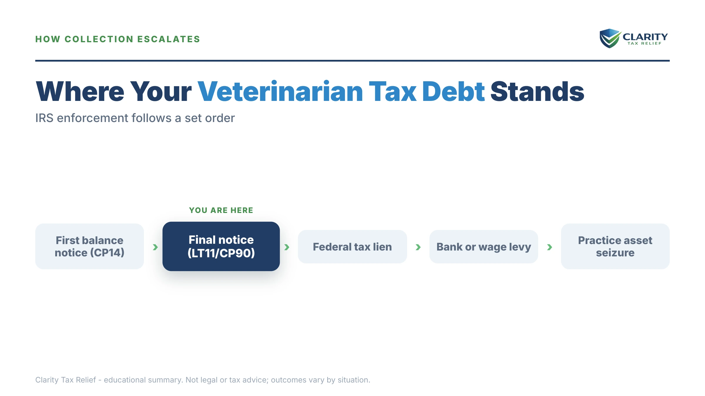 Infographic: timelines, costs and options for Veterinarian Tax Debt.